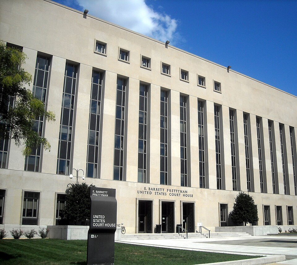 The E. Barrett Prettyman Federal Courthouse located at 333 Constitution Avenue, NW in the Judiciary Square neighborhood of Washington, D.C. The building is listed on the National Register of Historic Places and is a contributing property to the Pennsylvania Avenue Historic District.
