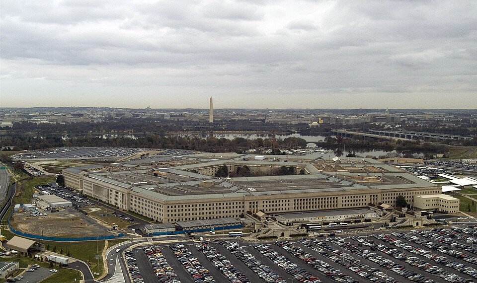 An aerial view of the headquarters of the United States Department of Defense located between the Potomac River and Arlington National Cemetery. The Pentagon employs approximately 23,000 military and civilian personnel and is one the world's largest office buildings with three times the floor space 