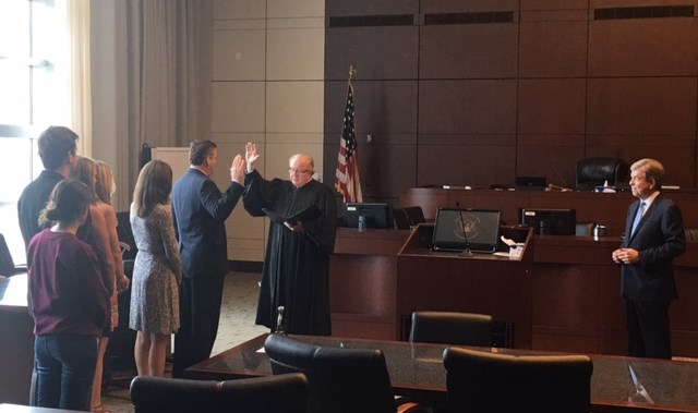 "Chief Judge Rodney W. Sippel swears in Jeffrey B. Jensen as the U.S. Attorney for the Eastern District as Senator Roy D. Blunt looks on." (EDMO District Report 2017-2, pg. 6)