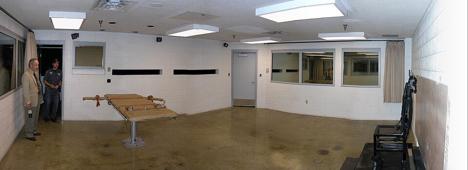 Panoramic mosaic of the execution chamber at Utah State Prison in Draper, Utah, USA. The platform at the left is used for lethal injection. The seat at the right and the two narrow gun ports on the far wall of the room are used for execution by firing squad. Built in 1998, the first person to be exe
