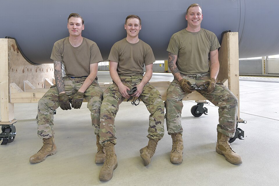 Left to right: U.S. Air Force Staff Sgt. Jubal Johnson, 86th Maintenance Squadron aircraft fuel systems craftsman, Tech. Sgt. Jakeb Hurley, 86th Airlift Wing non-commissioned officer in charge of wing plans and programs, and Senior Airman Colby Moore, 86th MXS aircraft fuel systems journeyman, pose 