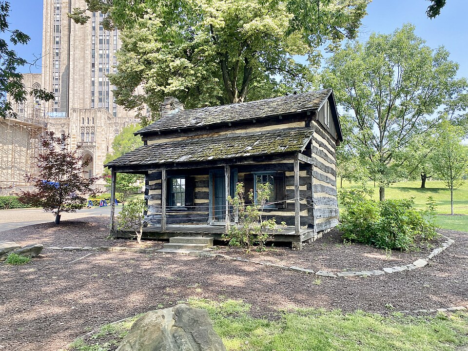 Built in the 1820s or 1830s, this small rustic log cabin was originally located in the Yatesville and Rural Valley region of Pennsylvania, and was moved about 50 miles to the University of Pittsburgh campus in 1986-1987 to commemorate the university’s bicentennial.  The cabin is meant to represent t