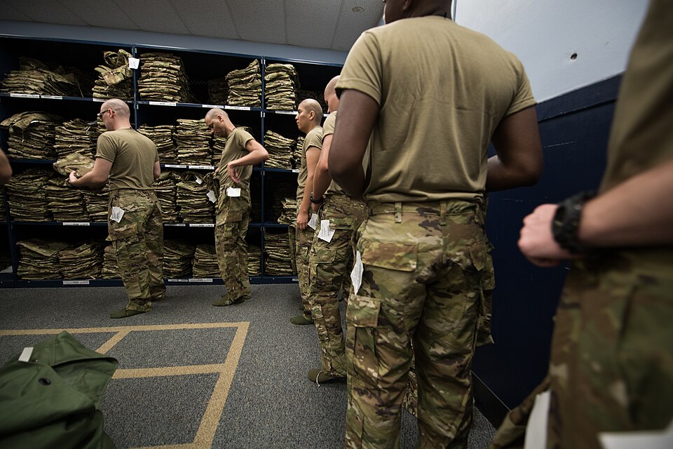 Basic military training trainees assigned to the 326th Training Squadron receive the first operational camouflage pattern uniforms during initial issue, Oct. 2, 2019, at Joint Base San Antonio-Lackland, Texas. The OCP uniforms work in all climates and across the spectrum of the Air Force mission. (U