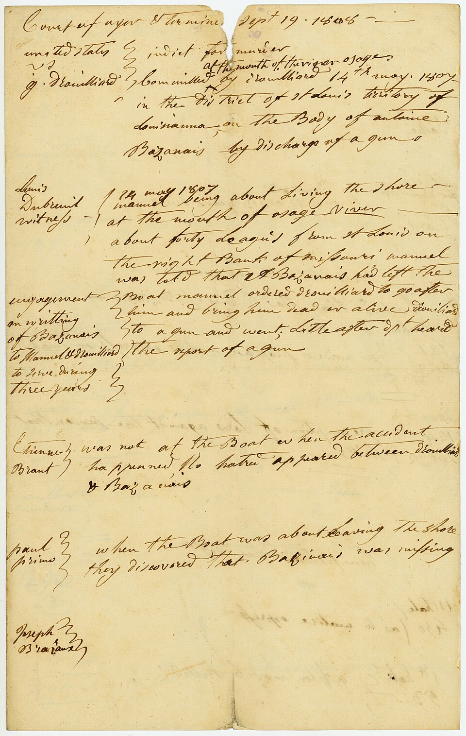 Drouillard was indicted for the murder of Antoine Bazanais [Antoine Bissonet] at the mouth of the River Osage, May 14, 1807.Title: Court papers for United States v. G. Drouillard, September 19, 1808