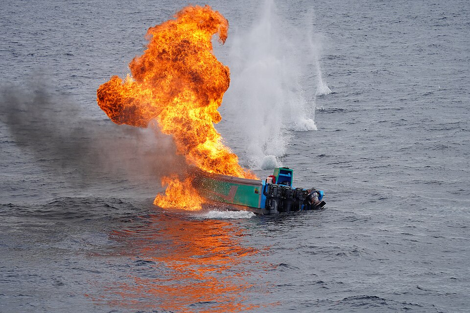 Coast Guard Cutter James' (WMSL 754) crew members use destructive fire to sink a suspected drug smuggling vessel approximately 202 miles southwest of the Galapagos Islands, Nov. 4, 2025. The interdiction was one of nine conducted by James’ crew in international waters of the Eastern Pacific Ocean. (