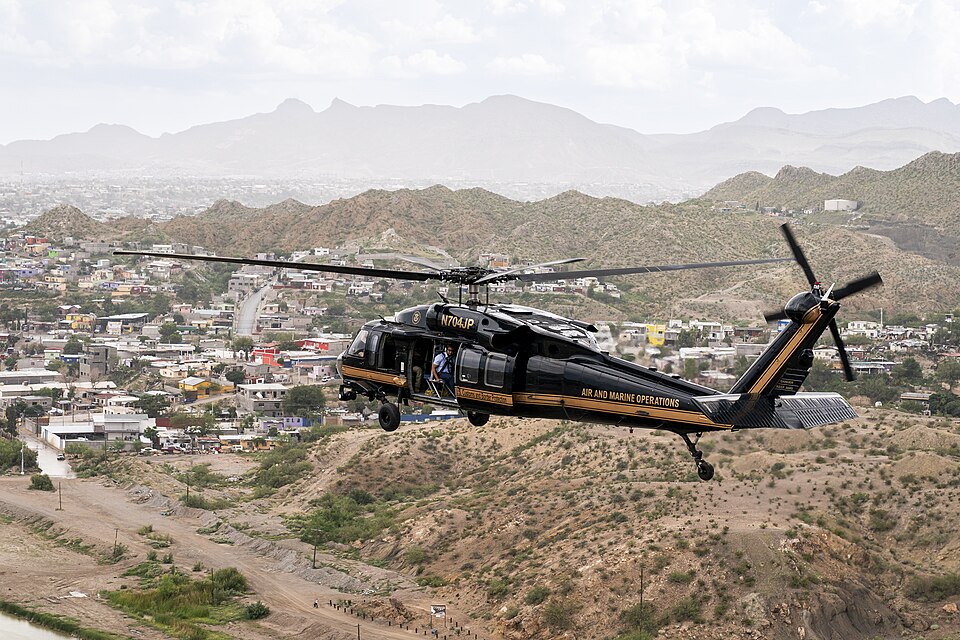 Department of Homeland Security (DHS) Secretary Kristi Noem receives a border aerial tour with U.S. Customs and Border Protection Air and Marine Operations from Santa Teresa, New Mexico, to the eastern edge of El Paso, Texas, August 19, 2025. (DHS photo by Tia Dufour)