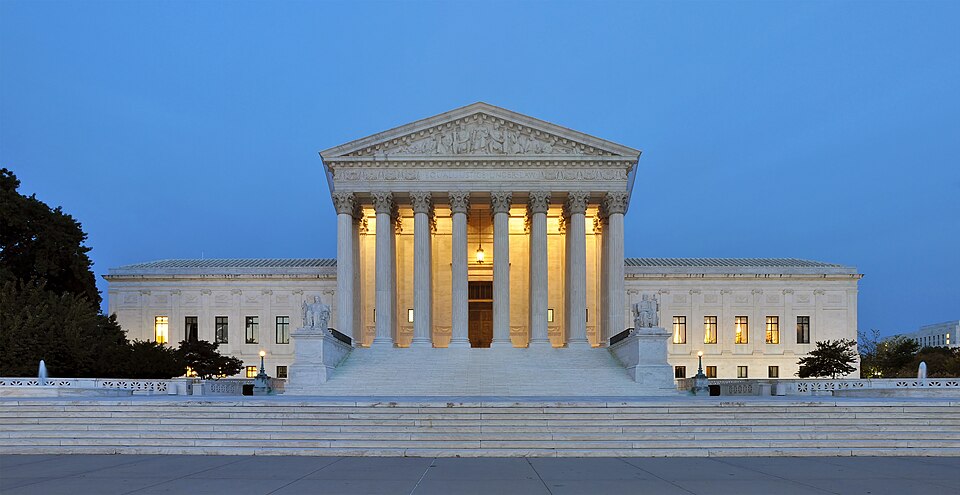 Panorama of the west facade of United States Supreme Court Building at dusk in Washington, D.C., United States of America.