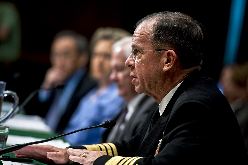 Navy Adm. Mike Mullen, chairman of the Joint Chiefs of Staff, testifies at a Senate Armed Services Committee hearing on the new Strategic Arms Reduction Treaty and its implications for national security programs in Washington, D.C., June 17, 2010. From right to left, Defense Secretary Robert M. Gate
