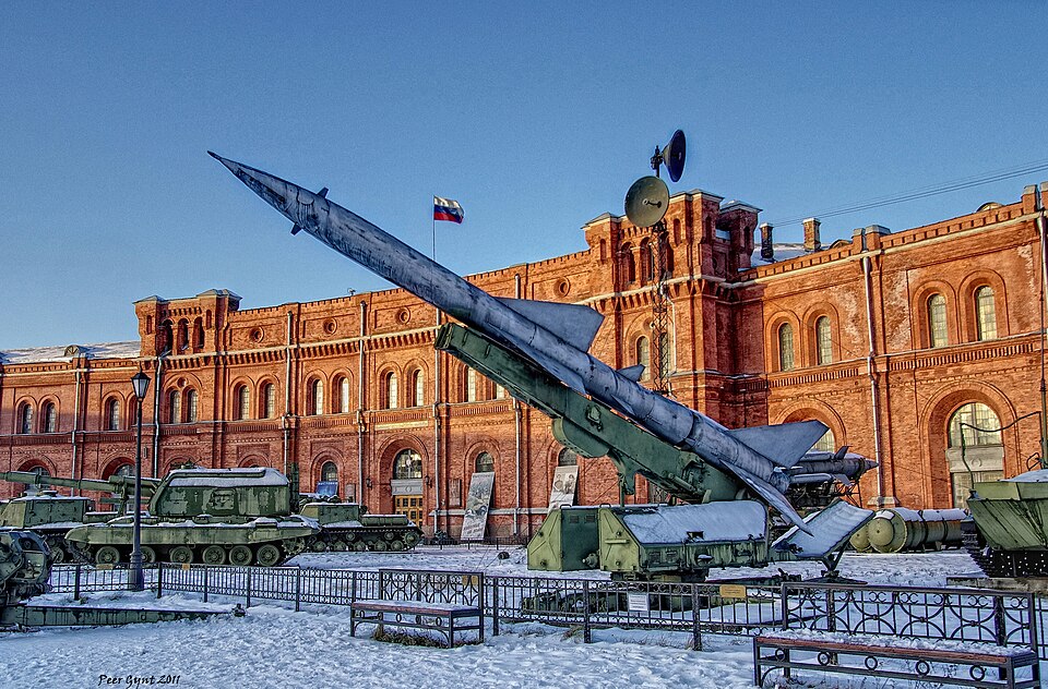 Saint-Petersburg. Artillery Museum.
The S-75 Dvina (Russian: С-75; NATO reporting name SA-2 Guideline) is a Soviet-designed, high-altitude, command guided, surface-to-air missile (SAM). Since its first deployment in 1957 it has become the most widely-deployed air defense missile in history. It score