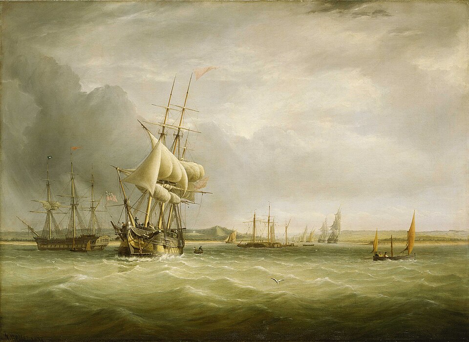 Merchant shipping is shown in the Bristol Channel, off the mouth of the Avon, in the year of the accession of Queen Victoria. The ship on the far left is shown in port-broadside view at anchor, with a quarter-gallery window open. It flies a red pennant and Blue Peter flag to indicate that it is prep