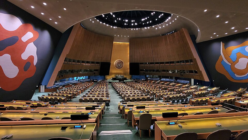 United Nations General Assembly hall in the UN Headquarters, New York City, February 2024