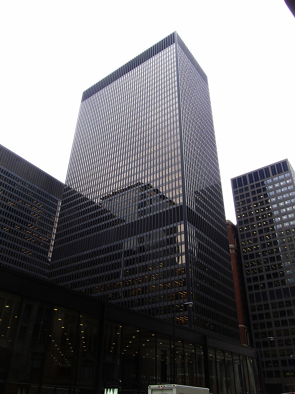 The Kluczynski Federal Building is a modernist skyscraper in the downtown Chicago Loop located at 230 South Dearborn Street. The 45-story structure was designed by Ludwig Mies van der Rohe and completed in 1974 as the last portion of the new Federal Center. It is 562 feet (171 m) tall and stands on 