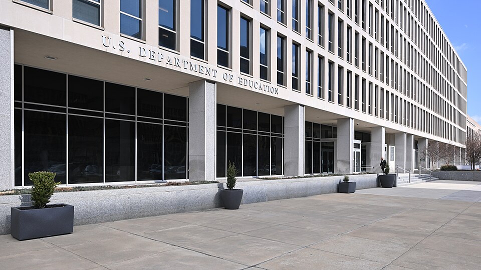 The Lyndon Baines Johnson Department of Education building with the department's name on it and the main entrance on the right. 400 Maryland Avenue, SW Washington, DC 20202.
