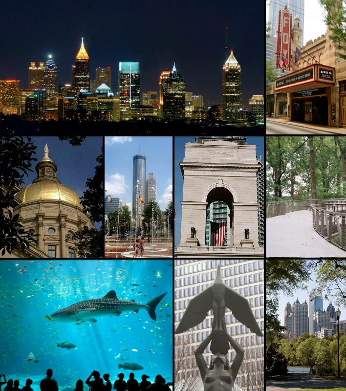 Montage of Atlanta images. From top to bottom left to right:

Atlanta skyline
Fox Theatre
Georgia State Capitol
Olympic Centennial Park
Millennium Gate
Canopy Walk
Georgia Aquarium
Phoenix statue (symbol of Atlanta)
Midtown Skyline