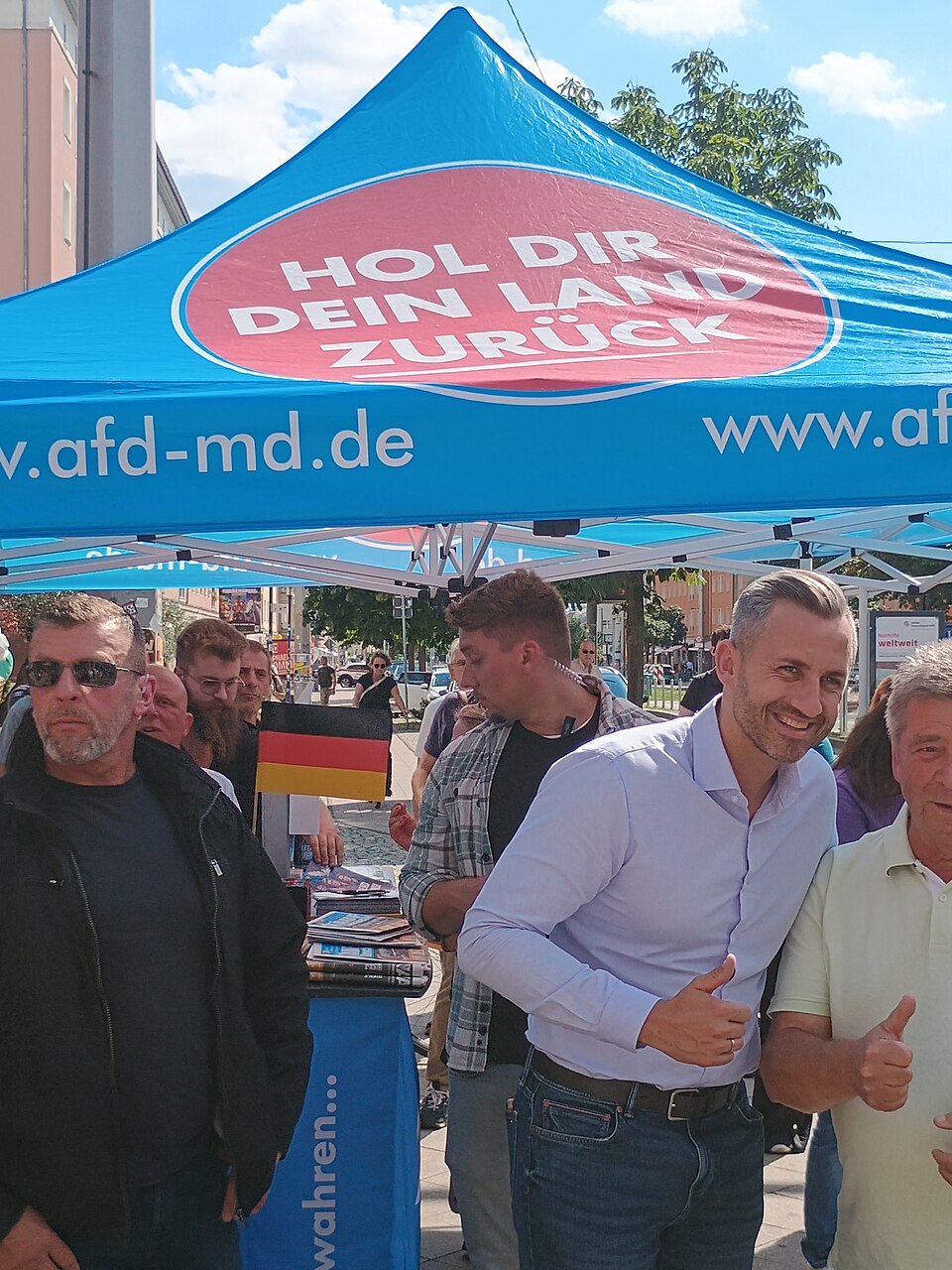AfD lead candidate Ulrich Siegmund holding election rally and meeting voters in Magdeburg city cente