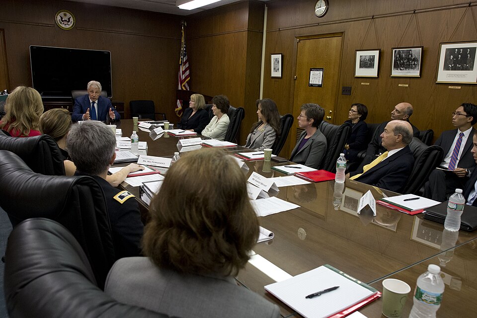 Secretary of Defense Chuck Hagel, left, meets with members of the Sexual Assault Response Systems Panel at the E. Barrett Prettyman Federal Courthouse in Washington D.C., on June 27, 2013. Hagel told the panel members that preventing sexual assault in the military is one of his top priorities. The p