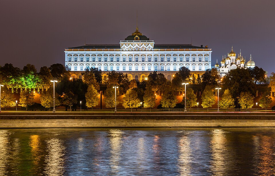 Night view of the Grand Kremlin Palace, Moscow, Russia. It was built from 1837 to 1849 on the site of the estate of the Grand Princes, which had been established in the 14th century on Borovitsky Hill. The palace, 125 metres (410 ft) long and 47 metres (154 ft) tall, was formerly the tsar's Moscow r