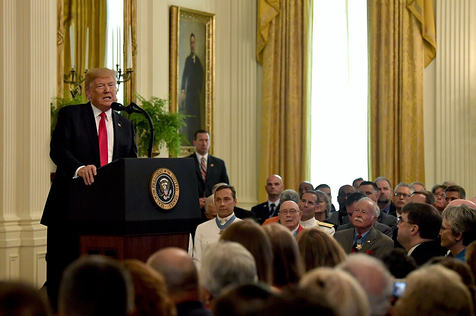 President Donald J. Trump gives his remarks during the Medal of Honor ceremony for then- U.S. Air Force Tech. Sgt. John Chapman at the White House in Washington, D.C., Aug. 22, 2018. Chapman was posthumously awarded the Medal of Honor for actions on Takur Ghar mountain in Afghanistan on March 4, 200