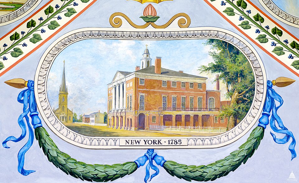 Allyn Cox
Oil on Canvas
1973-1974
Hall of Capitols
House wing, Cox Corridors 
The Congress returned to New York's old City Hall in 1785, 20 years after the meeting of state delegates in that building. Here, in 1789, George Washington was inaugurated president and the first Congress under the Constit