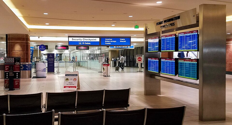 Security Checkpoint, Flight Information, and COVID-19 related signs, Terminal 4, PHX