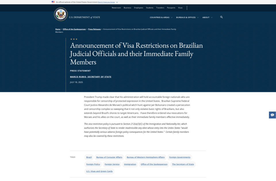 Screenshot of a article from the US Department of State website announcing the revocation of the visas of Brazillian Supreme Federal Court justices