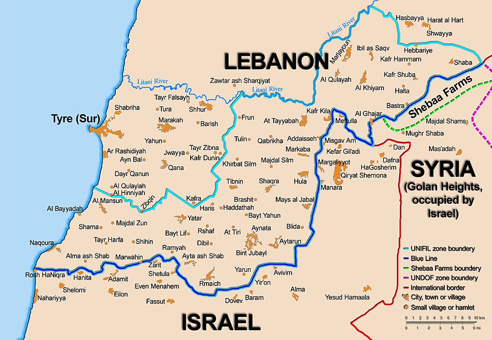 Map showing the Blue Line demarcation line between Lebanon and Israel, established by the UN after the Israeli withdrawal from southern Lebanon after its short 1978 invasion called "Operation Litani". It follows the 1949 cease-fire line, also known as the Green Line, as well as the somewhat conteste