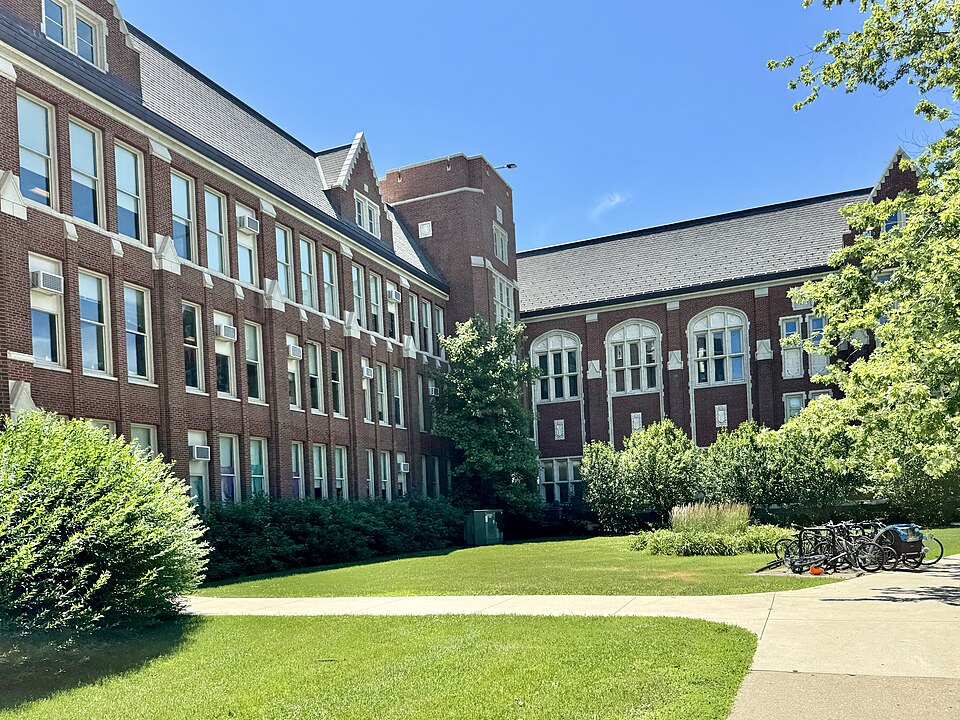 Built in 1930-1934, this Collegiate Gothic Revival-style building was designed by John C. Christensen to serve as Lane Technical High School.  The school, founded in 1908, was originally located in the vicinity of William Seward Park on the Near North Side at the northeast corner of Sedgwick Street 