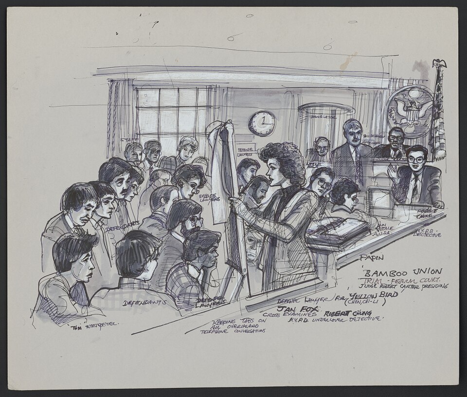 Summary
Drawing shows an interior view of a courtroom at the U.S. District Court for the Southern District of New York where, on the left, several Taiwanese defendants from the international gang United Bamboo sit during the trial; Houston-based defense attorney Jan W. Fox stands at center and cross