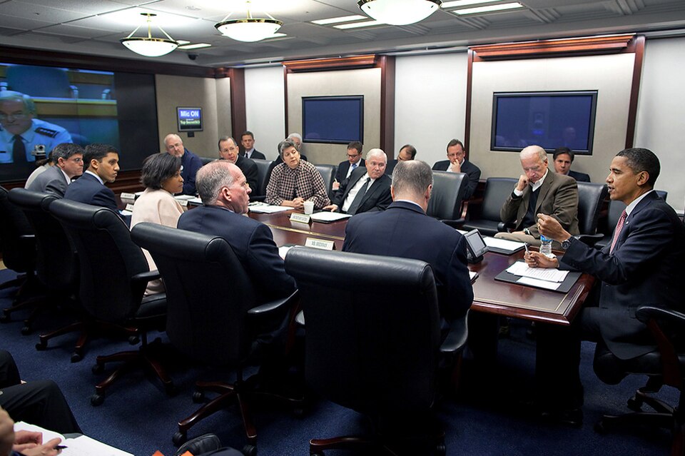 President Barack Obama meets in the Situation Room of the White House on the U.S. response to the earthquake in Haiti.  Also present are Vice President Joe Biden, Chairman of the Joint Chiefs of Staff Michael Mullen, Secretary of Homeland Security Janet Napolitano, Secretary of Defense Robert Gates,
