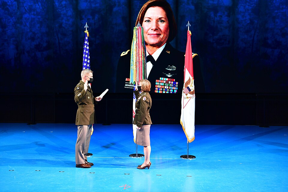 U.S. Army Lt. Gen. Laura J. Richardson is administered the oath of office by the Chief of Staff of the Army, U.S. Army Gen. James C. McConville at Richardson's promotion ceremony in Conmy Hall, Joint Base Myer-Henderson Hall, Va., Oct. 18, 2021. Hosted by McConville, the ceremony makes Richardson th
