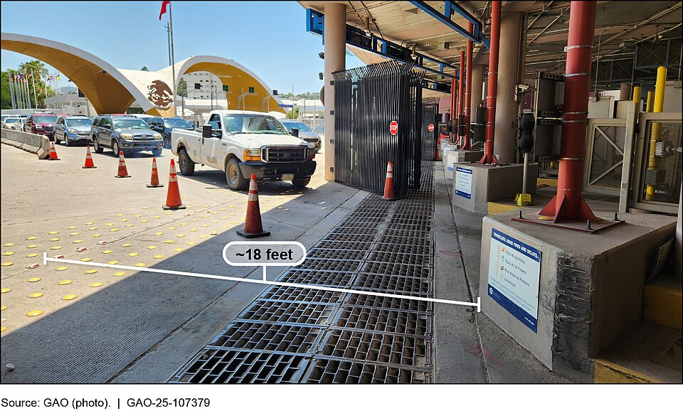 This image is excerpted from a U.S. GAO report: 
www.gao.gov/products/GAO-25-107379
Land Port Inspections: CBP Should Improve Performance Data and Deployment Plans for Scanning Systems

Note: The U.S.-Mexico international border is indicated by a line of red and white bumps, centered between the yel