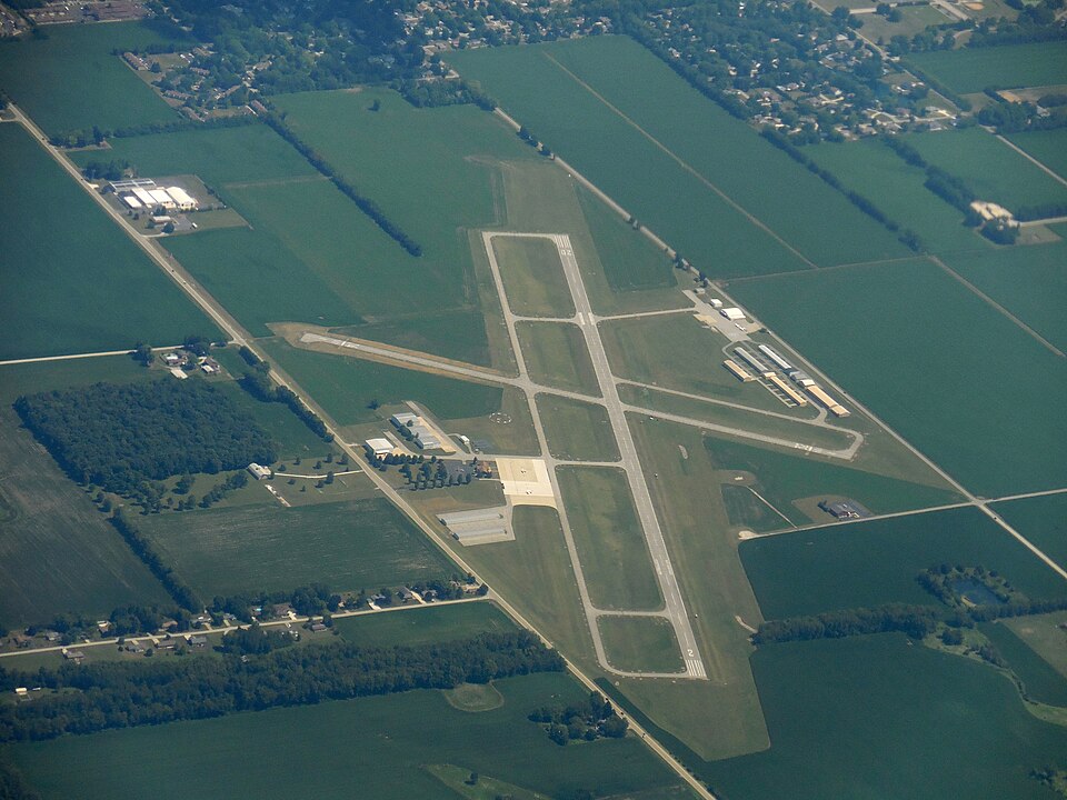 Aerial photo of La Porte Municipal Airport in Indiana, taken from an airplane.