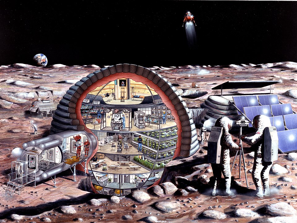 Inflatable module for lunar base: With a number of studies ongoing for possible lunar expeditions, many concepts for living and working on Earth's natural satellite have been examined. This art concept reflects the evaluation and study at JSC by the Man Systems Division and Johnson Engineering perso