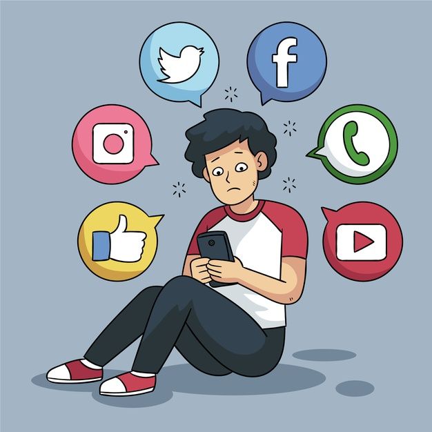 cartoon illustration of a boy using a smartphone surrounded by social media icons.