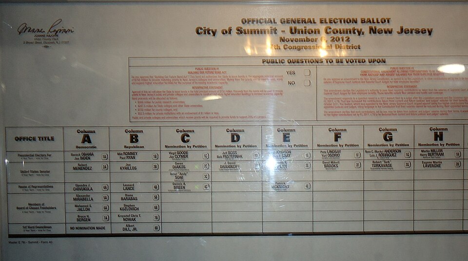 Inside the voting booth facing a menu of choices. Voters push buttons which light up with a green X next to the candidate's name, and later push a red button (to the right, not seen in photo) to finish the selection.