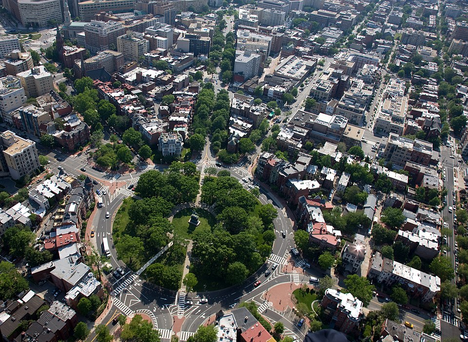 An aerial view – facing southwest – of the Logan Circle neighborhood in Washington, D.C.