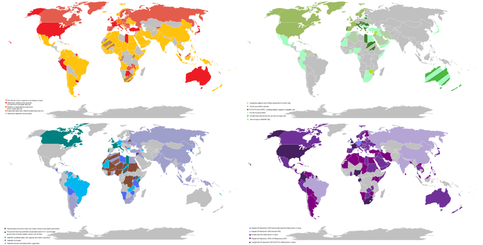 The diplomatic and airlift situation during the 2011 Libyan uprising at 10.18 GMT, March 3rd, during the 2011 Libyan rebellion. Sources-International reactions to the 2011 military intervention in Libya[1][2] International reactions to the 2011 Libyan protests[3] 2011 Libyan uprising[4].
The UN has 