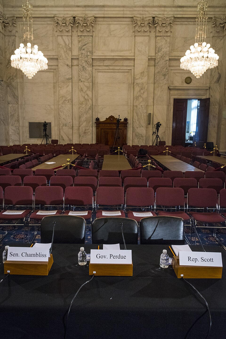 The historic Kennedy Caucus Room of the Russell Senate Office Building sits empty before Agriculture Secretary-nominee, former Georgia Gov. Sonny Perdue testifies on at his confirmation hearing before the Senate Agriculture, Nutrition and Forestry Committee on Capitol Hill in Washington, DC on Thurs