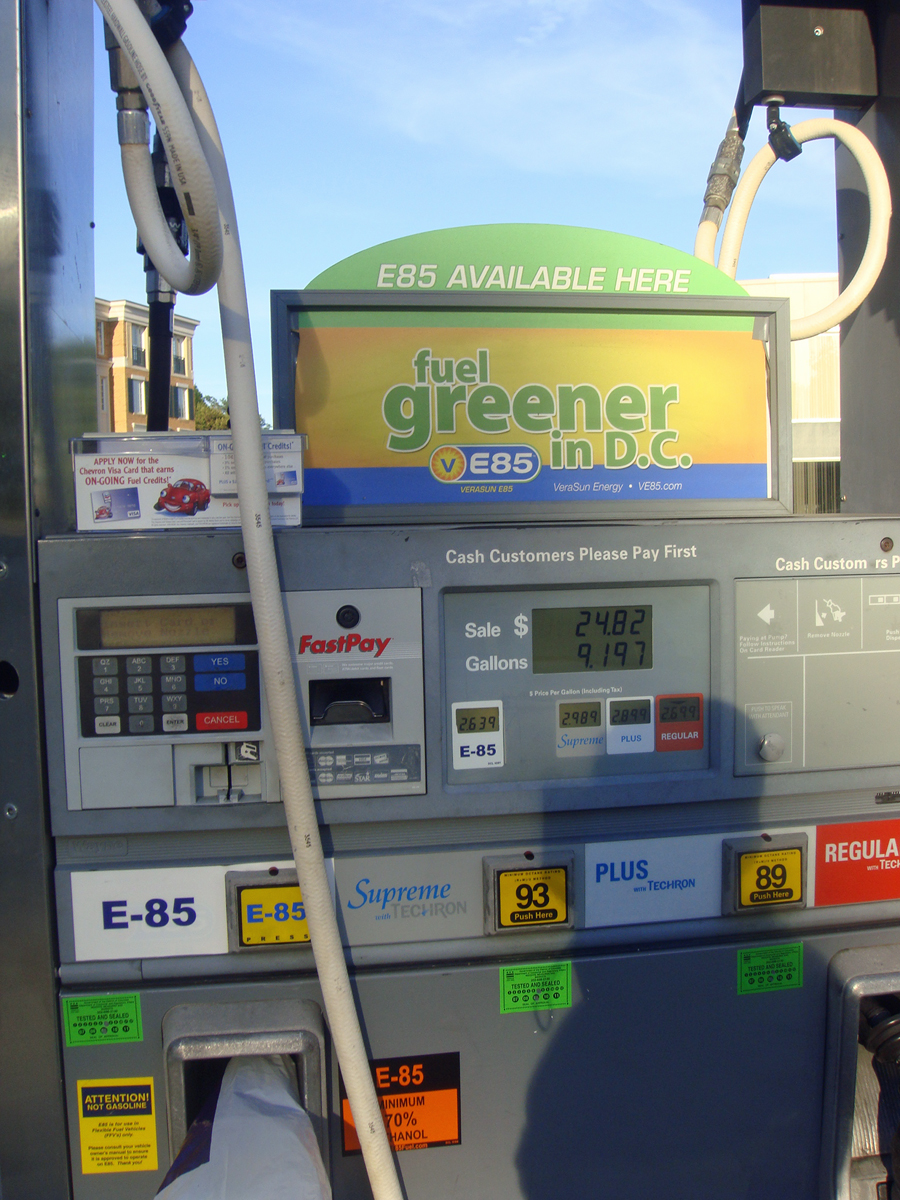 E85 fuel pump for sale at a regular gasoline station in Washington, D.C.
