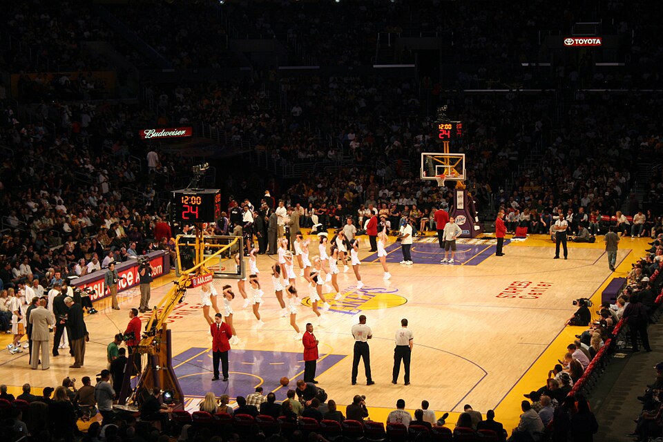 Cheerleaders perform at during a LA Lakers game in Staples Center in Downtown Los Angeles, Ca