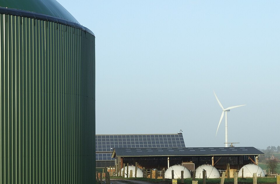 Renewable Energies: Biogas (fermenter), wind power and photovoltaics on a farm in Horstedt (Schleswig-Holstein/ Germany)