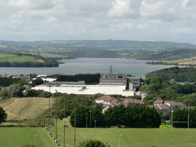 Overlooking Recreation site toward Ernesettle Industrial Estate at Warren Point. A view up the Tamar valley. In the foreground is a local recreation facility and in the middle distance is the industrial estate, largely occupied by Toshiba Consumer Products Ltd manufacturing television equipment.  Be