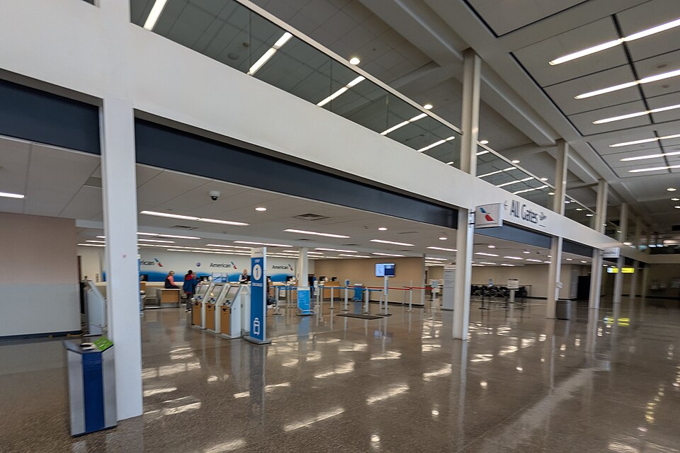 The check in area for American Airlines outside security at Tulsa International Airport. 7777 Airport Drive, Tulsa, Oklahoma 74115.