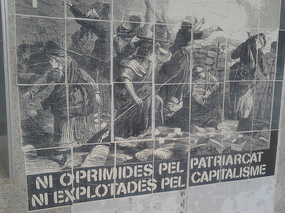 Wallpaper at Jaume I's building playground at Ciutadella campus from University Pompeu Fabra against patriarchy and capitalism.