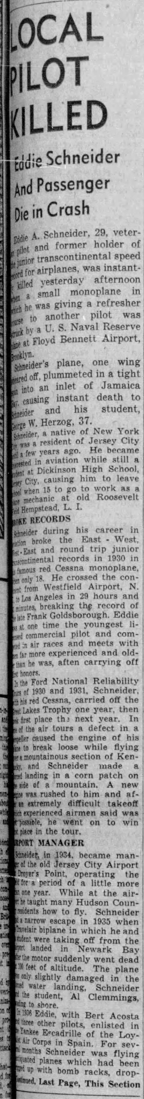 Eddie August Schneider (1911-1940) in The Jersey Journal of Jersey City, New Jersey on December 24, 1940, part 1