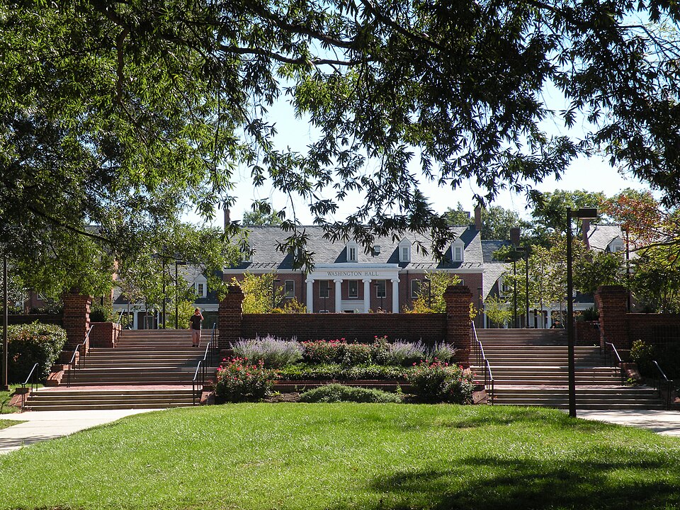 Washington Hall and Courtyard stands in the center of the campus dormitory section.