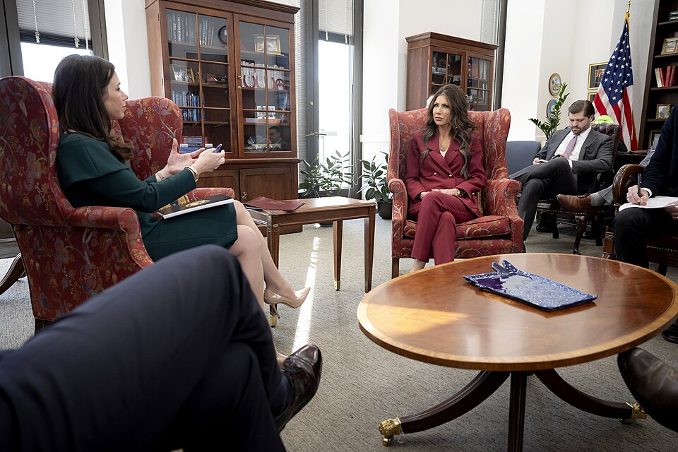 Department of Homeland Security (DHS) Secretary Kristi Noem meets with U.S. Senator Katie Britt of Alabama at the Hart Senate Office Building in Washington, D.C., Feb. 25, 2025. (DHS photo by Tia Dufour)