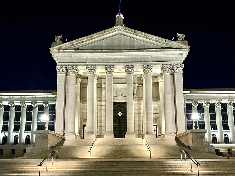 Built in 1914-1917, this Classical Revival-style building was designed by Solomon Andrew Layton to serve as the Oklahoma State Capitol, following the move of the Oklahoma State Government to Oklahoma City from Guthrie in 1910.  The building is clad in limestone with corinthian columns and pilasters 
