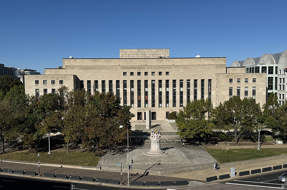 Elevated view of E. Barrett Prettyman United States Courthouse, as seen from the East Building of the National Gallery of Art.