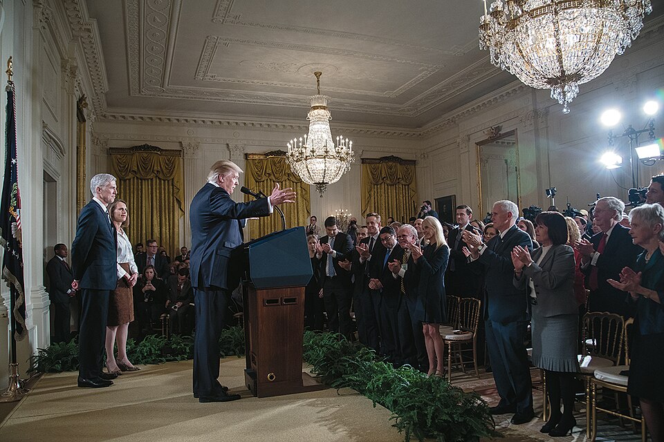 Judge Neil M. Gorsuch and his wife, Louise Gorsuch, stand by as President Donald Trump announces Judge Gorsuch as his nominee to the Supreme Court in the East Room of the White House in Washington, D.C., Tuesday, January 31, 2017. (Official White House Photo by Shealah Craighead)